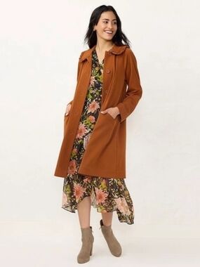 LC Lauren Conrad Rust Single-Breasted Trench Coat with Ruffled Collar